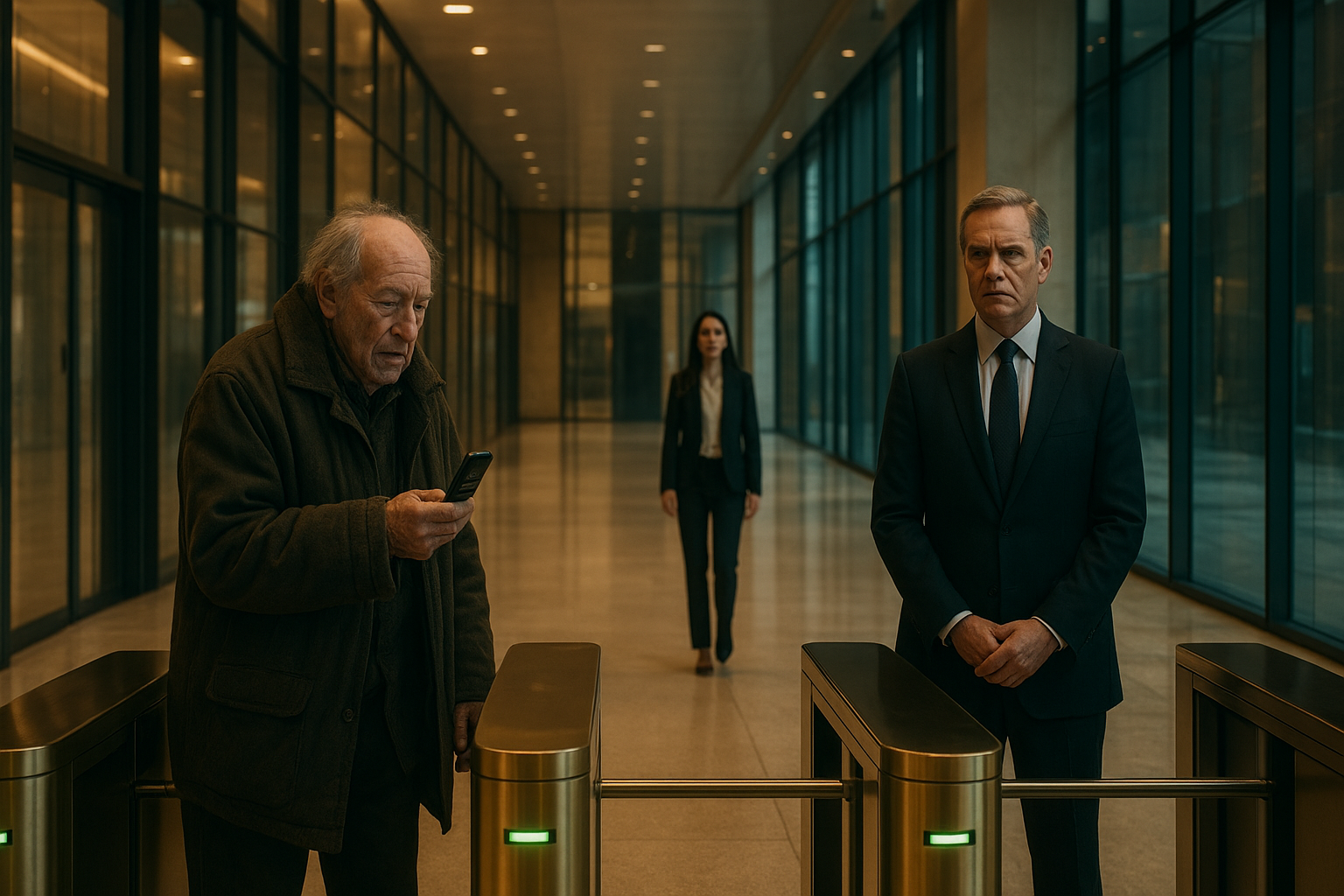 A wide shot of a luxurious modern office lobby with high ceilings, polished floors, and glass walls, golden turnstiles with green lights in the foreground, an elderly man in a worn coat holding an old flip phone, a stern executive in a suit, and a young female assistant in the background, cinematic lighting, warm golden tones mixing with cool glass reflections