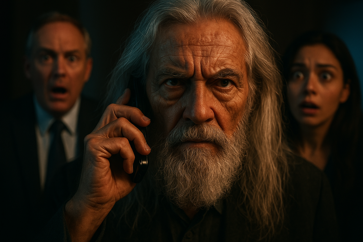 Close-up on the elderly man's weathered face, long silver hair and beard, holding a black flip phone to his ear, his eyes intense and commanding, the executive in the background looking shocked, the young woman with wide eyes, dramatic lighting with a mix of warm and cool tones, shallow depth of field focusing on the old man's expression