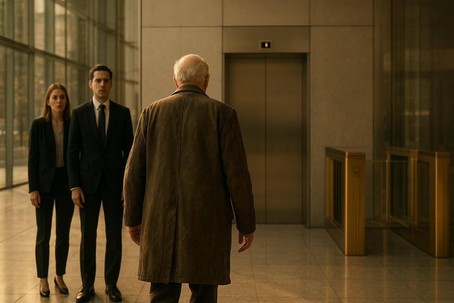 The elderly man in the worn coat walking confidently toward a sleek elevator, the executive and the young woman watching in stunned silence behind him, the lobby's glass walls and golden turnstiles in the background, a sense of quiet triumph in his posture, cinematic wide shot with soft natural light and a warm, golden glow
