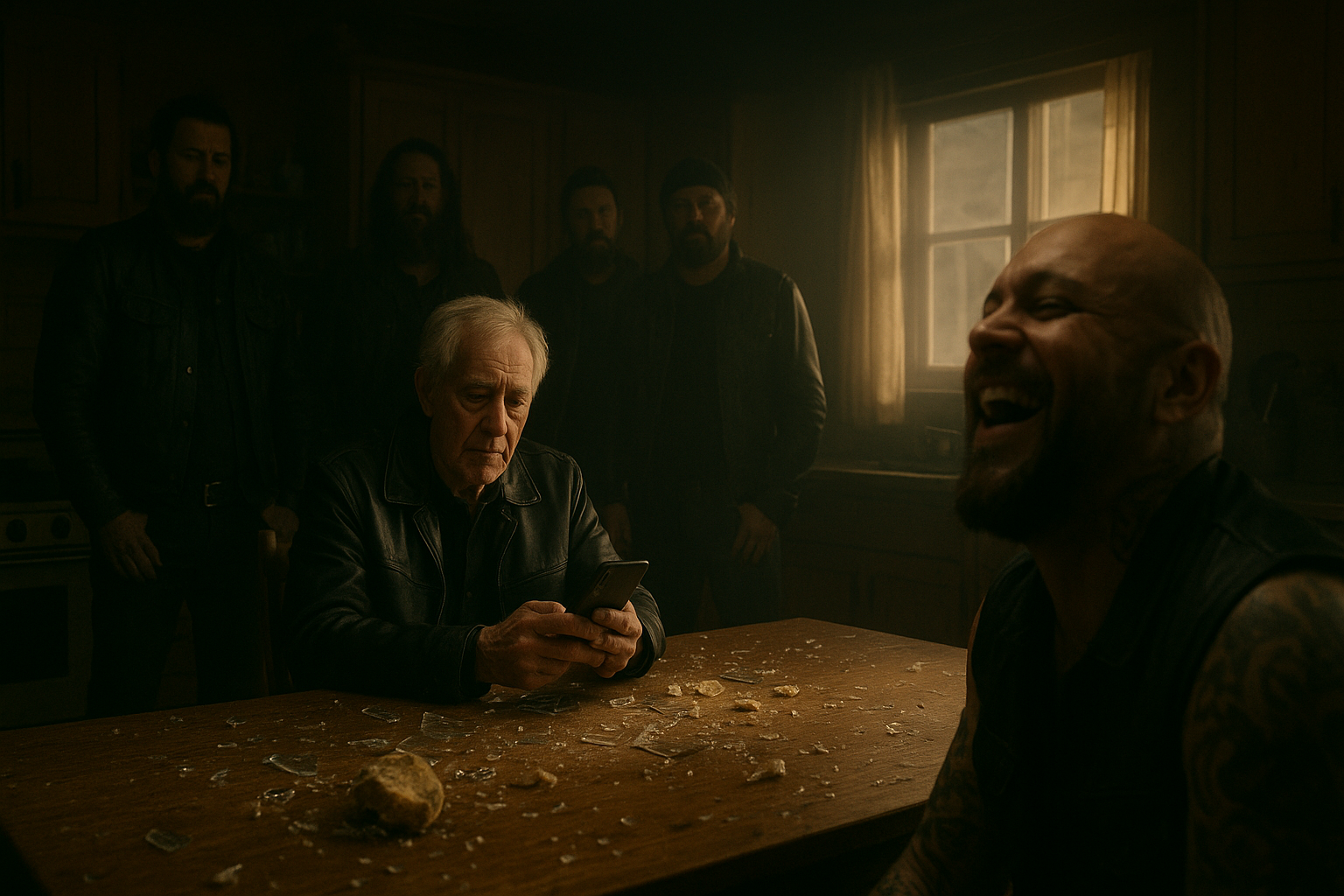 A cinematic wide shot of a cozy wooden kitchen after a violent outburst: shattered glass and bread crumbs scattered across an oak table, a seated elderly man in black leather calmly holding a smartphone, a bald tattooed man laughing in the foreground, and several bearded bikers watching in the background, warm morning light streaming through a window, moody and tense atmosphere