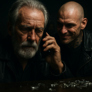 A close-up dramatic shot of an elderly man with grey hair and beard holding a black smartphone to his ear, his expression unreadable, while a bald tattooed man stands behind him with a mocking smirk, other bikers visible in the background, glass shards glinting on the table, moody lighting with a sense of impending confrontation