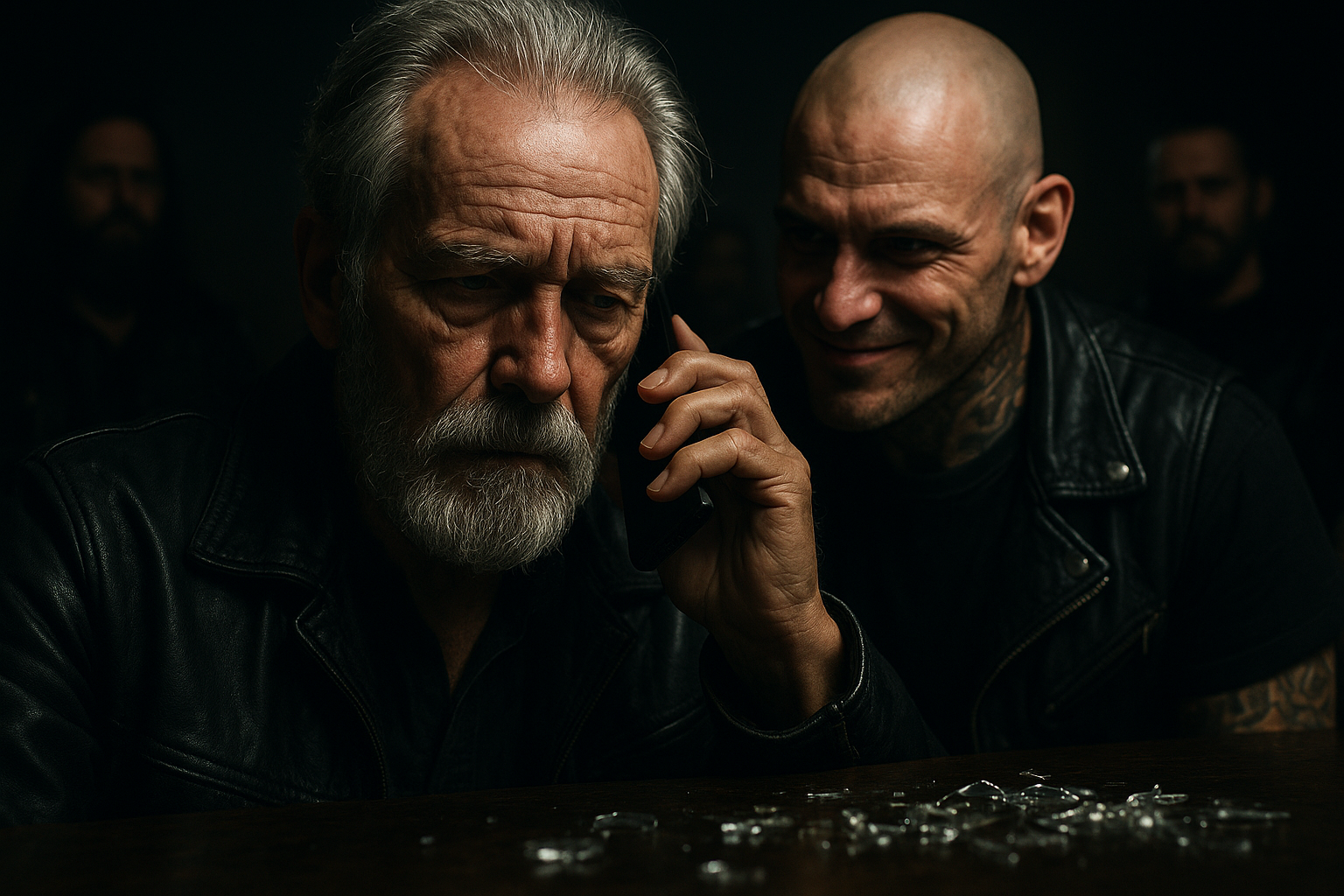 A close-up dramatic shot of an elderly man with grey hair and beard holding a black smartphone to his ear, his expression unreadable, while a bald tattooed man stands behind him with a mocking smirk, other bikers visible in the background, glass shards glinting on the table, moody lighting with a sense of impending confrontation