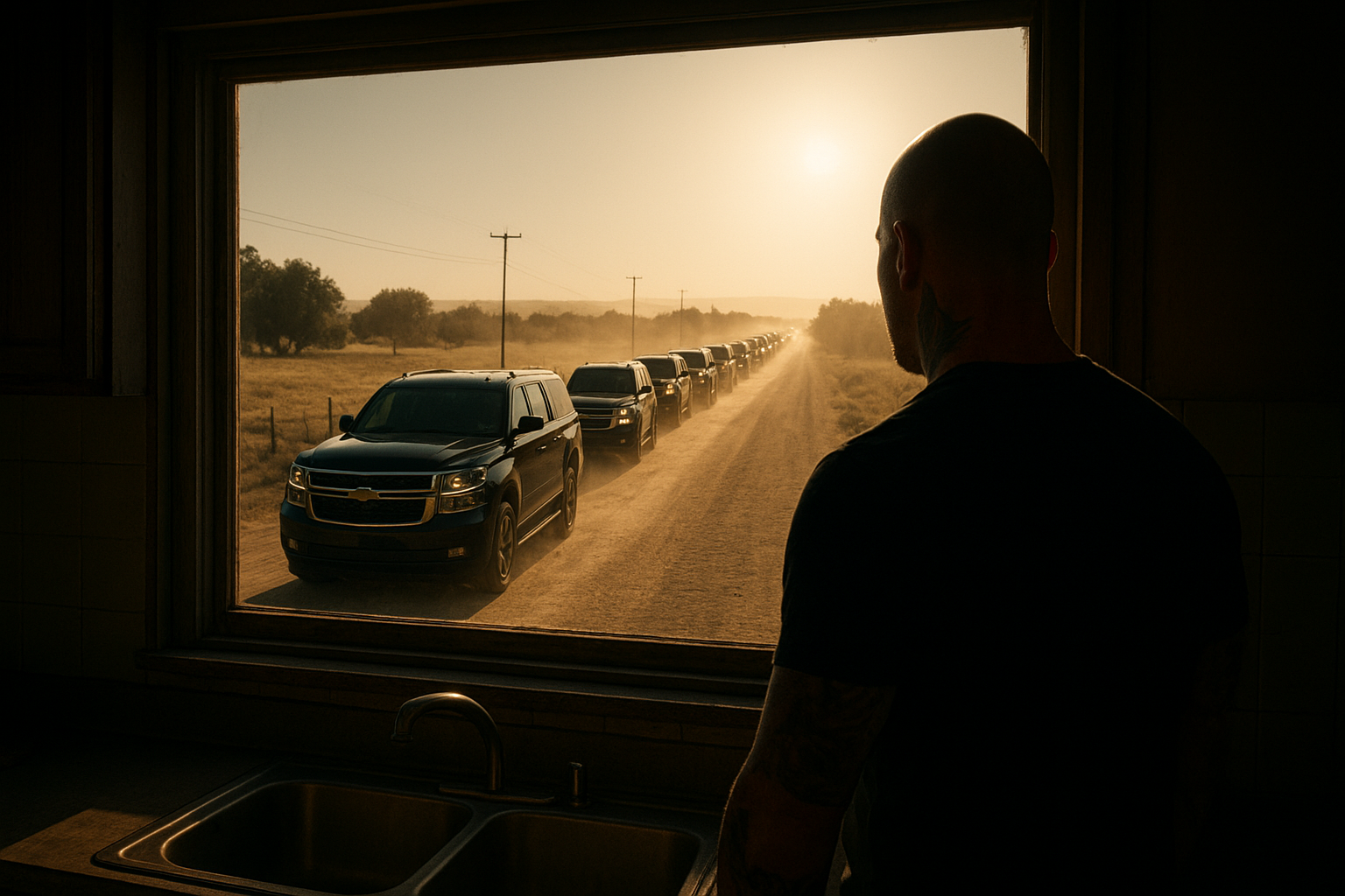 A cinematic view from a kitchen window showing a long convoy of black Chevrolet Tahoes, Suburbans, and Cadillac Escalades driving in a perfect line along a dusty country road, a bald tattooed man in black shirt visible in the foreground watching, bright sunlight casting long shadows, a sense of power and organized arrival, tension in the air