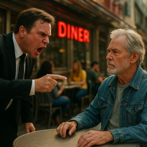 A cinematic street scene outside a bustling diner on a sunny day. A man in a black suit aggressively points at an older man in a denim jacket seated at a table. The suited man's face is red with anger, while the older man remains calm. The background shows blurred patrons and a silver trash bin. Realistic, natural lighting, shallow depth of field, tense atmosphere.
