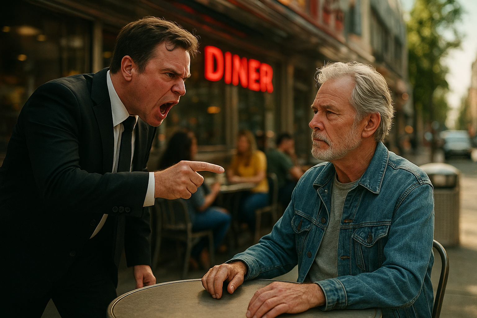 A cinematic street scene outside a bustling diner on a sunny day. A man in a black suit aggressively points at an older man in a denim jacket seated at a table. The suited man's face is red with anger, while the older man remains calm. The background shows blurred patrons and a silver trash bin. Realistic, natural lighting, shallow depth of field, tense atmosphere.