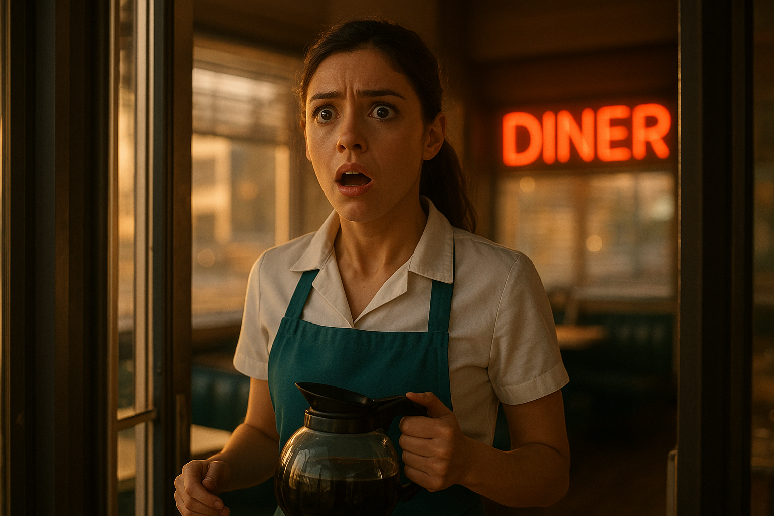 A young waitress with dark chestnut hair in a ponytail, wearing a teal apron over a white shirt, stands in the doorway of a diner, looking shocked. She holds a coffee pot, her eyes wide. The scene is bathed in warm afternoon sunlight, with the diner's neon sign glowing softly in the background. Realistic, cinematic composition, focus on her expression.