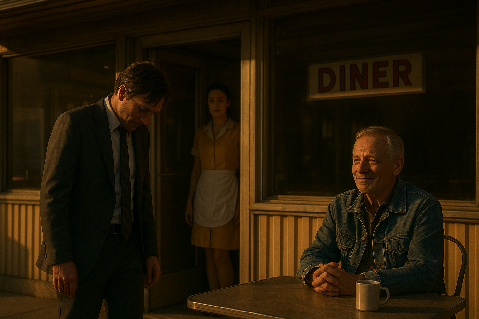 The suited man walks toward the diner entrance with a defeated posture, his head slightly bowed. The older man in the denim jacket sits calmly at the table, a faint smile on his face. The waitress watches from the doorway, the scene bathed in golden afternoon light. Cinematic, realistic, with a mix of humiliation and quiet triumph in the air.