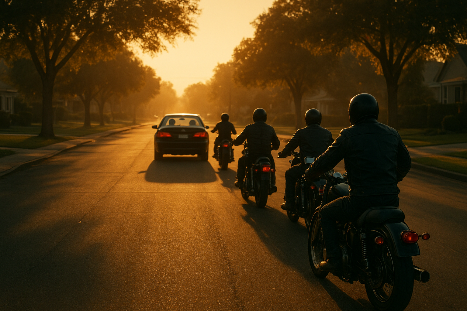 A wide shot of a suburban street in the early morning light, a line of motorcycles with riders in leather jackets and helmets following a single car, the sun casting long golden shadows, a sense of quiet strength and solidarity in the composition, cinematic style