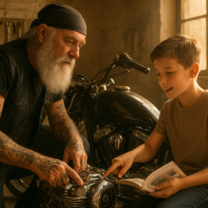 An elderly biker with a gray beard and tattoos teaching a young boy about motorcycle parts in a garage, the boy holding a manual and pointing at a chrome engine, warm afternoon light streaming through the window, tools hanging on the wall, a sense of mentorship and hope, realistic style