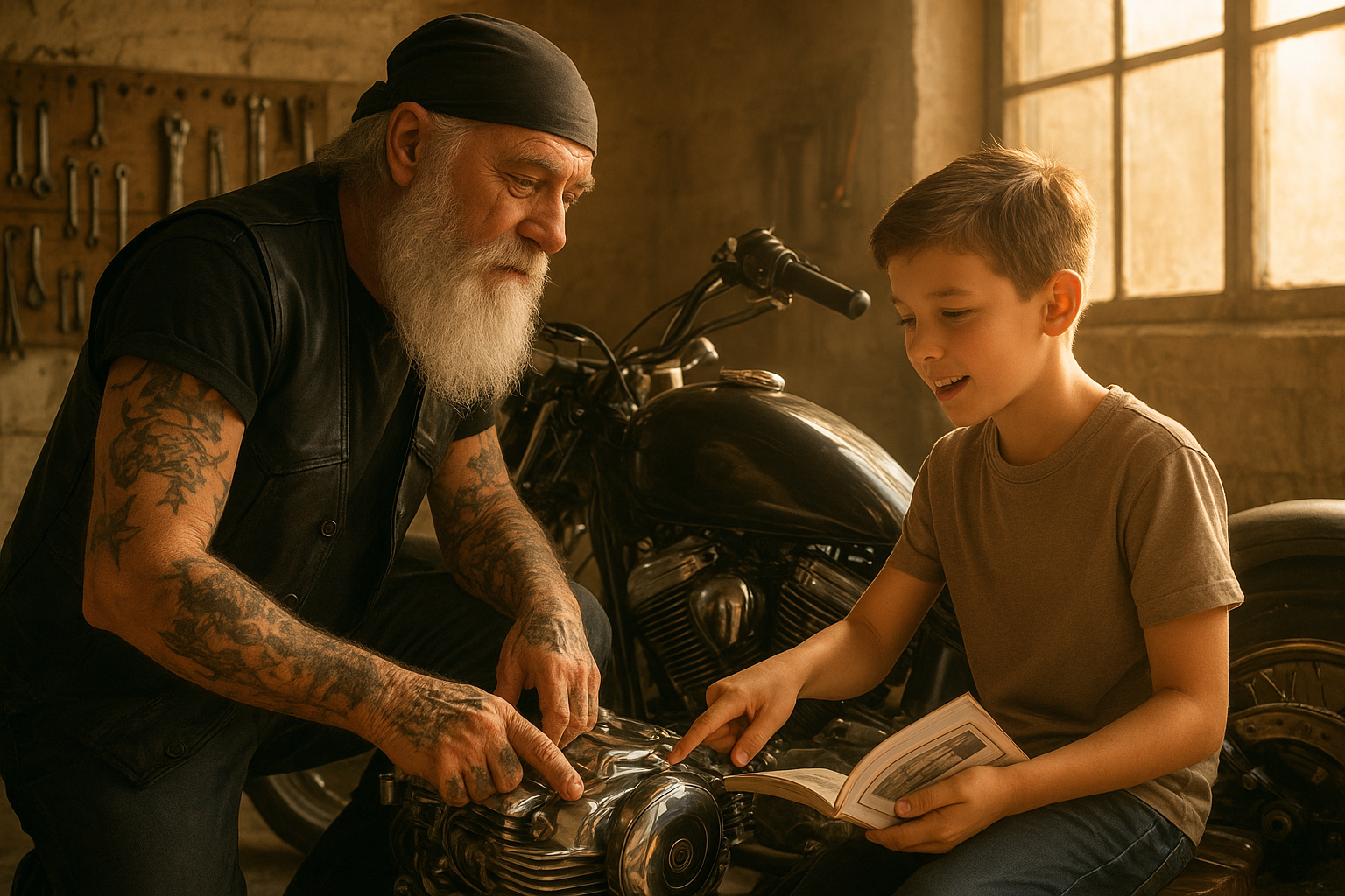 An elderly biker with a gray beard and tattoos teaching a young boy about motorcycle parts in a garage, the boy holding a manual and pointing at a chrome engine, warm afternoon light streaming through the window, tools hanging on the wall, a sense of mentorship and hope, realistic style