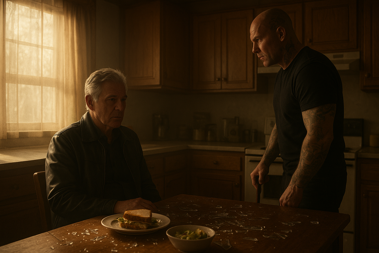 A cinematic kitchen scene with warm morning light streaming through a window, wooden cabinets, a table with a half-eaten sandwich and salad, shattered glass shards scattered across the table, a silver-haired man in a black leather jacket sitting calmly, a bald tattooed man standing with a cane, tension in the air, photorealistic style, moody lighting