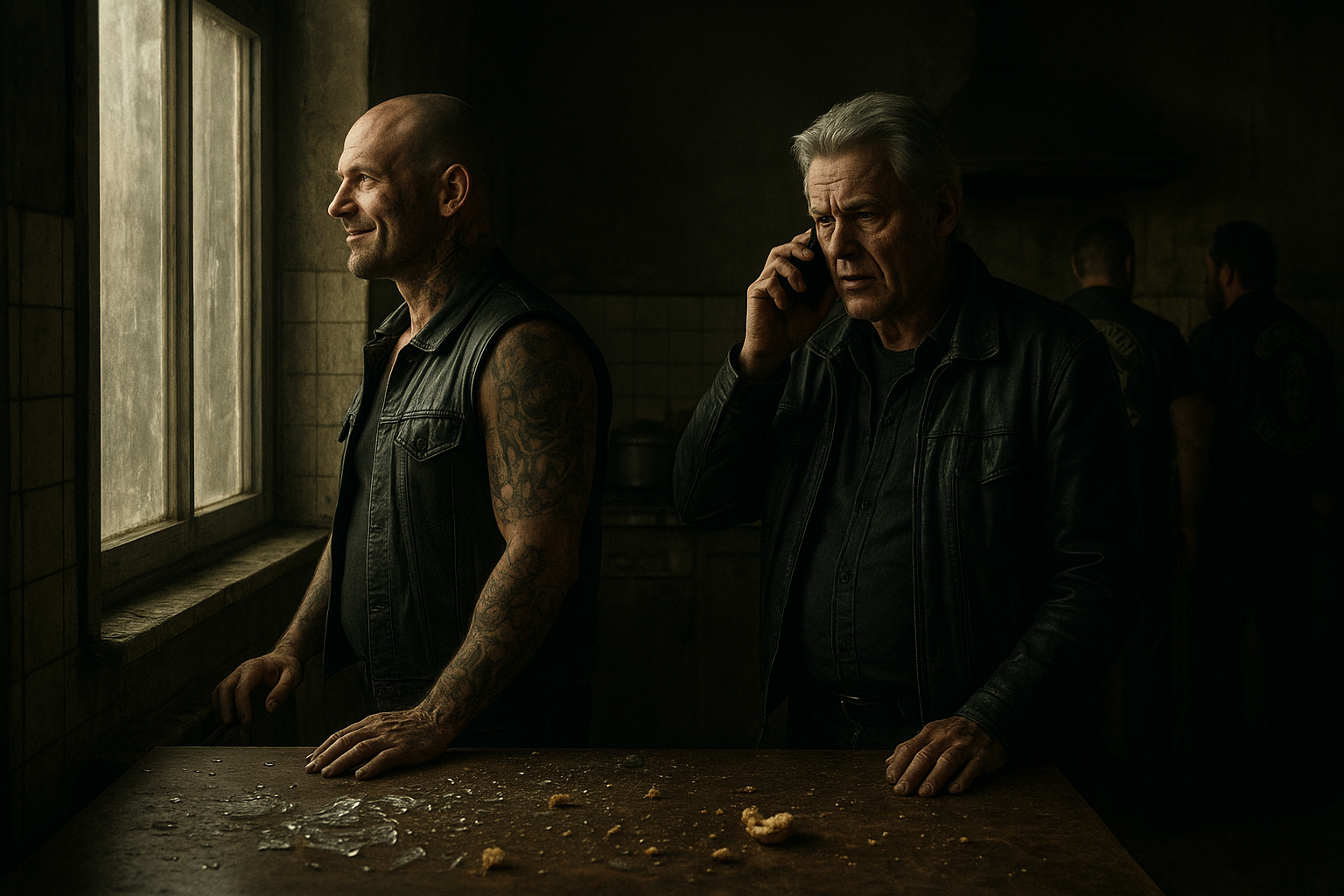 A dramatic kitchen interior with a bald tattooed man standing by a window, looking out with a smirk, a silver-haired man on the phone, glass shards and breadcrumbs on the table, bikers in leather vests in the background, tense atmosphere, cinematic lighting with shadows and highlights, photorealistic