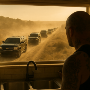 A sunlit view from a kitchen window showing a long line of black SUVs and limousines on a dirt road, a bald tattooed man partially visible in the foreground, dust rising, dramatic lighting, sense of power and organization, cinematic wide shot, photorealistic