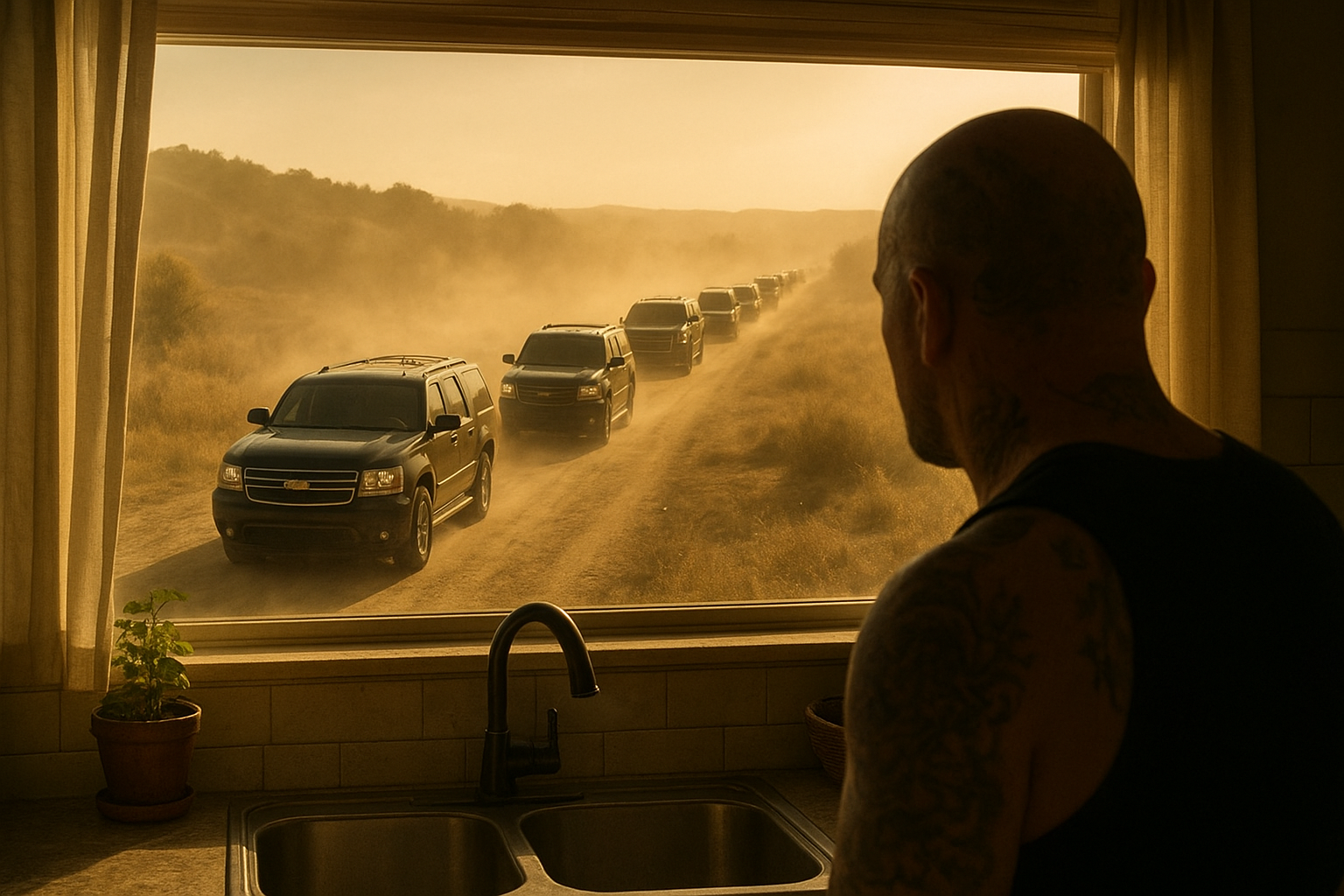 A sunlit view from a kitchen window showing a long line of black SUVs and limousines on a dirt road, a bald tattooed man partially visible in the foreground, dust rising, dramatic lighting, sense of power and organization, cinematic wide shot, photorealistic