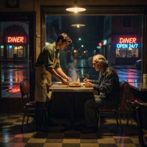 A cinematic wide shot of a late-night diner interior, warm amber lighting contrasting with the dark rainy night outside, neon signs reflecting in puddles on the wet asphalt, a young waiter in a green shirt and beige apron placing a steaming plate of food in front of a frail old man in a soaked denim jacket, the old man's hands trembling, the scene lit by a single overhead bulb, moody and atmospheric