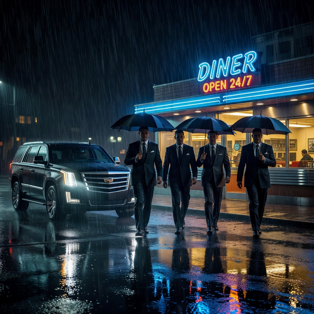A dramatic exterior shot of a diner at night in heavy rain, two black Cadillac Escalades with headlights on parked outside, four men in dark suits with umbrellas walking toward the entrance, neon signs reflecting in the wet asphalt, the rain pouring down in sheets, the mood tense and cinematic, cold blue tones outside contrasting with warm amber light spilling from the diner windows