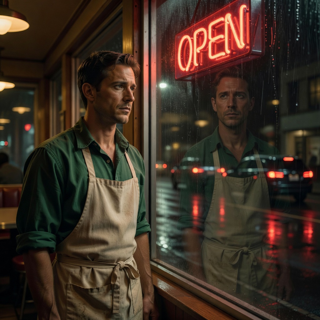 A close-up cinematic shot of a young waiter in a green shirt and beige apron standing at a diner window at night, watching the rain and the receding taillights of two black SUVs, his reflection faint in the glass, the neon sign 'OPEN' glowing behind him, warm amber light on his face, a sense of quiet resolve, the rain beginning to lighten outside