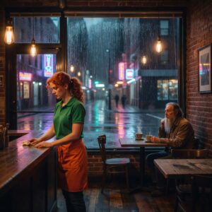 A cinematic wide shot of a cozy café at night, rain streaming down the large window, revealing a wet city street with blurred neon lights in the background. Inside, a young red-haired waitress in a green polo and orange apron wipes a counter, while an old man with a long gray beard sits alone by the window, looking out. Warm interior lighting contrasts with the cool blue of the rainy night.