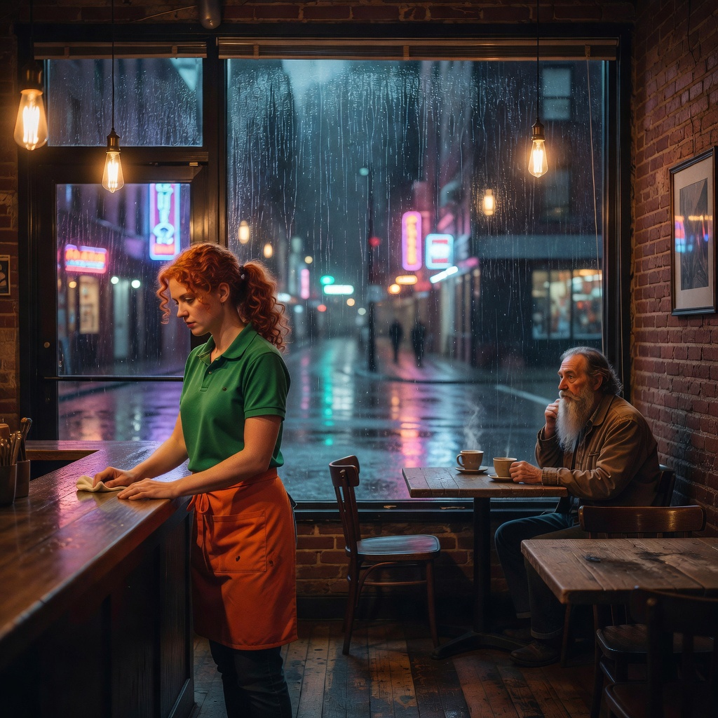 A cinematic wide shot of a cozy café at night, rain streaming down the large window, revealing a wet city street with blurred neon lights in the background. Inside, a young red-haired waitress in a green polo and orange apron wipes a counter, while an old man with a long gray beard sits alone by the window, looking out. Warm interior lighting contrasts with the cool blue of the rainy night.