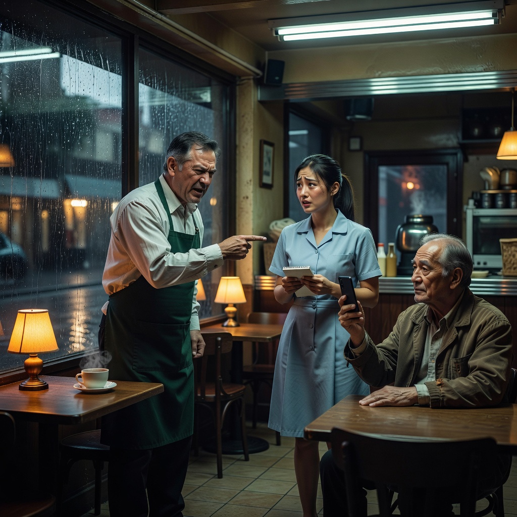 A tense standoff inside the café, the manager in a dark green apron pointing angrily at the young waitress, while the old man in a brown jacket calmly holds up a black smartphone. Rain pours outside the window, and the harsh fluorescent light contrasts with the warm ambient glow, creating a dramatic cinematic atmosphere.