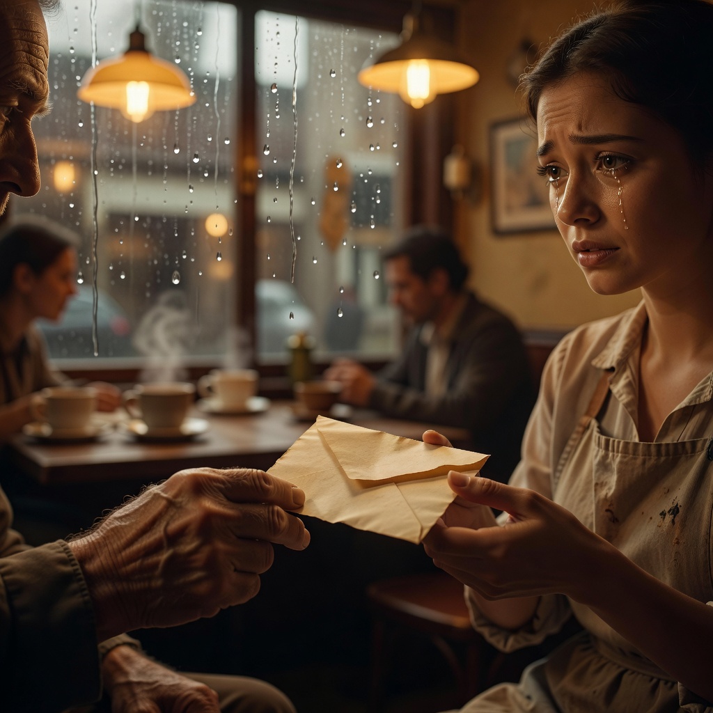 A close-up of the old man's weathered hand holding out a yellowed envelope to the young waitress, her eyes glistening with tears. The café's warm light softens the scene, with the rain still streaking the window behind them, creating a poignant, emotional moment of connection and revelation.