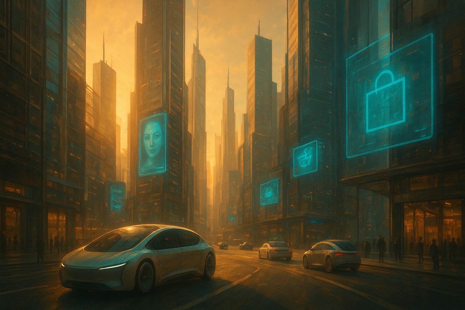 A futuristic cityscape at golden hour, where sleek autonomous vehicles glide past gleaming towers and holographic advertisements float above bustling streets. The mood is optimistic yet ambiguous, with warm sunlight breaking through glass facades, casting long shadows. The composition emphasizes contrast between abundance and human desire, with a subtle cinematic haze and rich amber and teal tones.