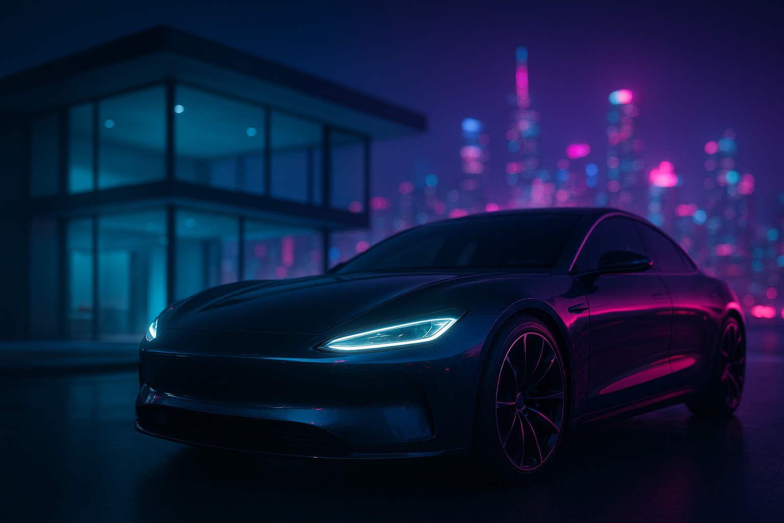 A close-up of a sleek, futuristic luxury car parked in front of a minimalist glass mansion, with a neon-lit city skyline blurred in the background. The scene is bathed in cool blue and magenta hues, evoking a sense of exclusivity and aspiration. The car's polished surface reflects the city lights, while the composition highlights the contrast between mass-produced abundance and bespoke luxury.