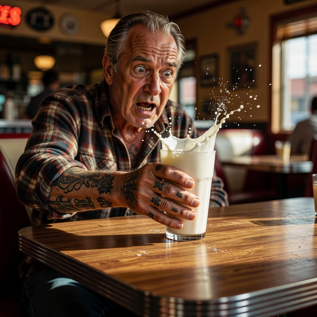 A close-up shot of a tattooed man's hand slamming a glass of milk onto a wooden diner table, milk exploding in a white splash, the old man's face frozen in shock, warm afternoon light, cinematic, high contrast, shallow depth of field
