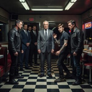 A wide shot of a tense standoff in a diner, an older man in a gray suit standing calmly, a younger tattooed man stepping back, two leather-clad henchmen behind him, while three suited men stand near the door, cinematic lighting, dramatic shadows, realistic detail