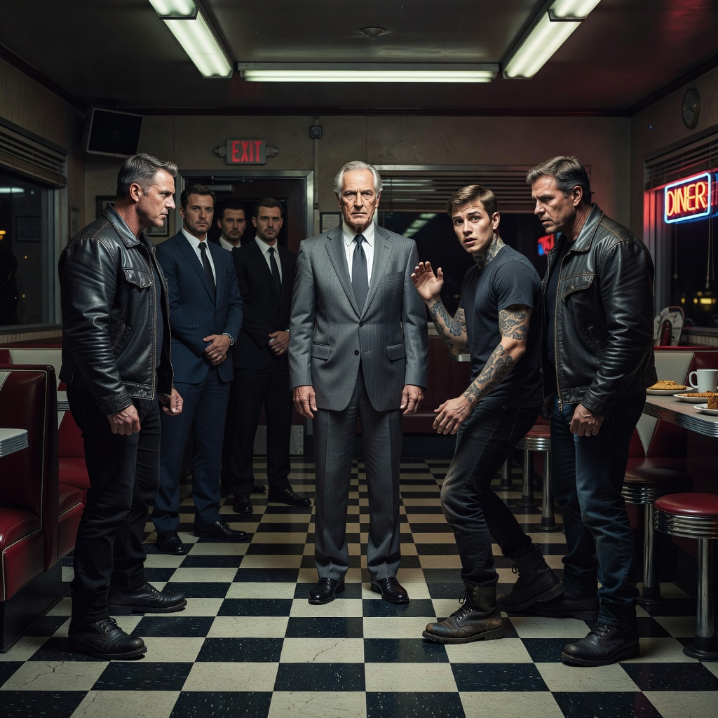 A wide shot of a tense standoff in a diner, an older man in a gray suit standing calmly, a younger tattooed man stepping back, two leather-clad henchmen behind him, while three suited men stand near the door, cinematic lighting, dramatic shadows, realistic detail