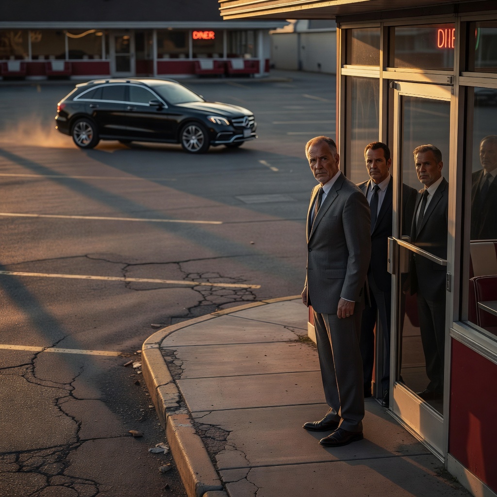 A cinematic shot of an empty diner parking lot in the afternoon, a single black Mercedes SUV driving away in the distance, an older man in a gray suit standing at the door, watching, with two suited men behind him, moody lighting, long shadows, realistic textures