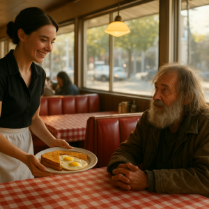 A bustling American diner interior with red and white checkered tablecloths and red vinyl booths, bright natural light streaming through large windows, a young European waitress with dark chestnut hair in a black blouse and white apron smiling as she serves a plate of eggs and toast to an elderly homeless man with long gray hair and beard in a worn brown jacket, cinematic realistic style, warm morning ambiance