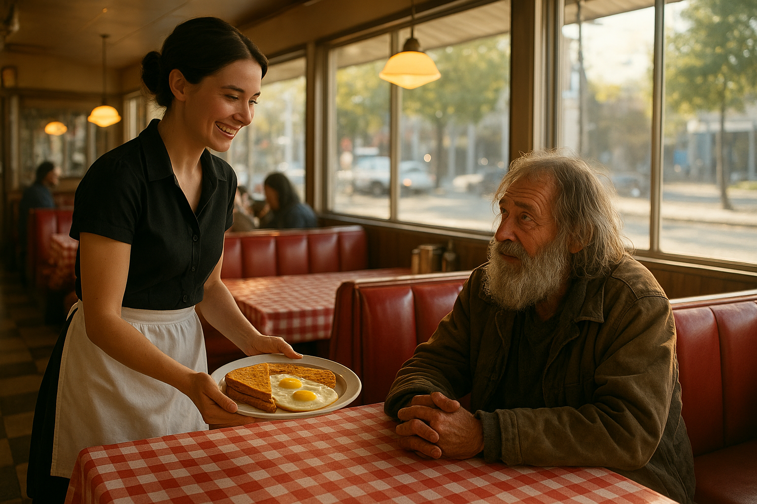A bustling American diner interior with red and white checkered tablecloths and red vinyl booths, bright natural light streaming through large windows, a young European waitress with dark chestnut hair in a black blouse and white apron smiling as she serves a plate of eggs and toast to an elderly homeless man with long gray hair and beard in a worn brown jacket, cinematic realistic style, warm morning ambiance