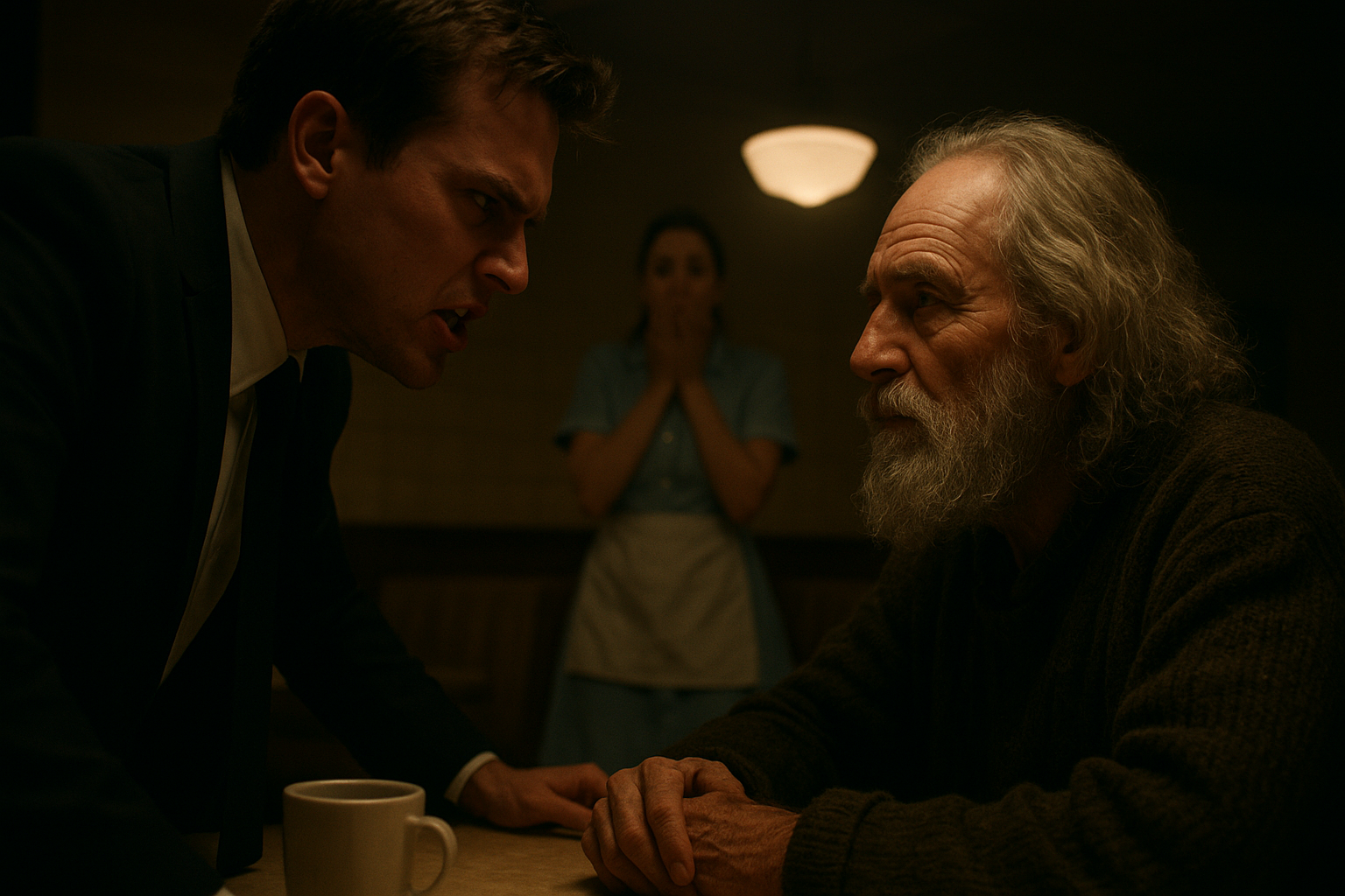 A cinematic close-up of an angry young European manager in a black suit and tie looming over an elderly homeless man with long gray hair and beard at a diner table, the old man remains calm and dignified, the waitress in the background with hands over her mouth in shock, dramatic lighting, tense atmosphere, realistic film still