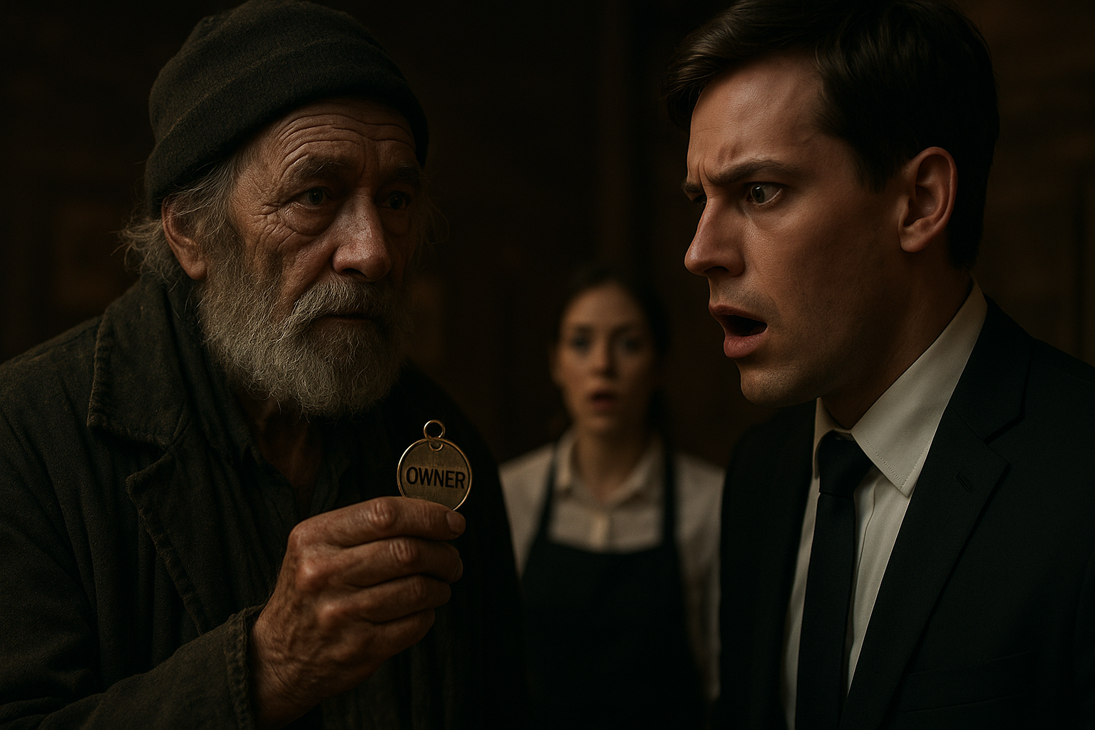 A cinematic close-up of the elderly homeless man now revealed as a dignified owner, holding a small badge, his calm gray eyes fixed on the shocked young manager in a black suit, the manager's face showing disbelief and horror, the waitress in the background looking on with amazement, realistic dramatic lighting, emotional tension