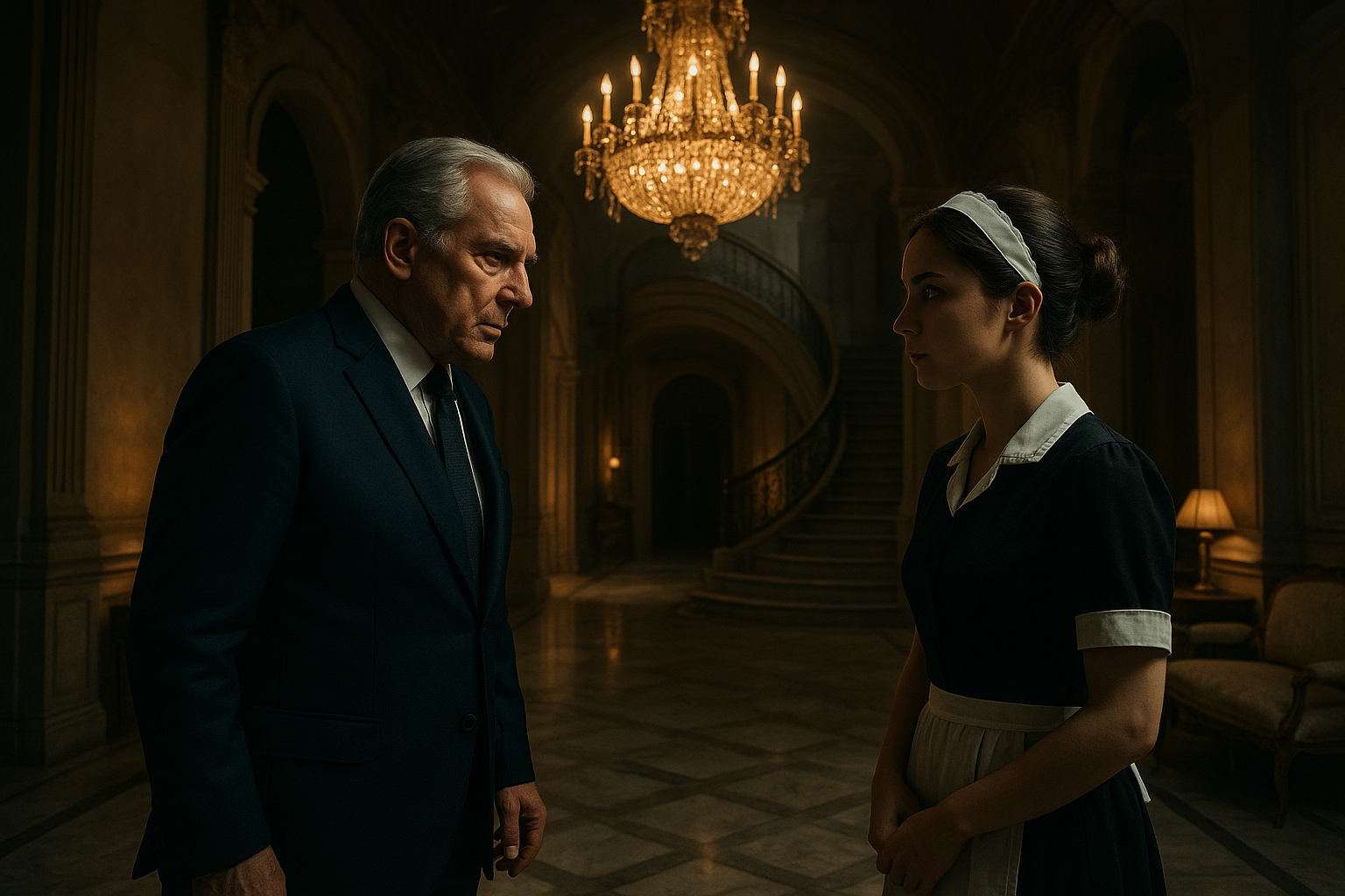A luxurious villa interior with high ceilings, marble floors, and a grand crystal chandelier, where an older distinguished man in a navy suit confronts a young maid in a black uniform, the atmosphere tense with dramatic lighting and shadows.