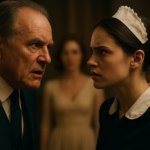 Close-up of a tense conversation between an older gentleman in a navy suit and a young maid in a black uniform, the woman's face determined yet anxious, the man's expression angry and demanding, with a blurred elegant woman in the background, cinematic lighting.