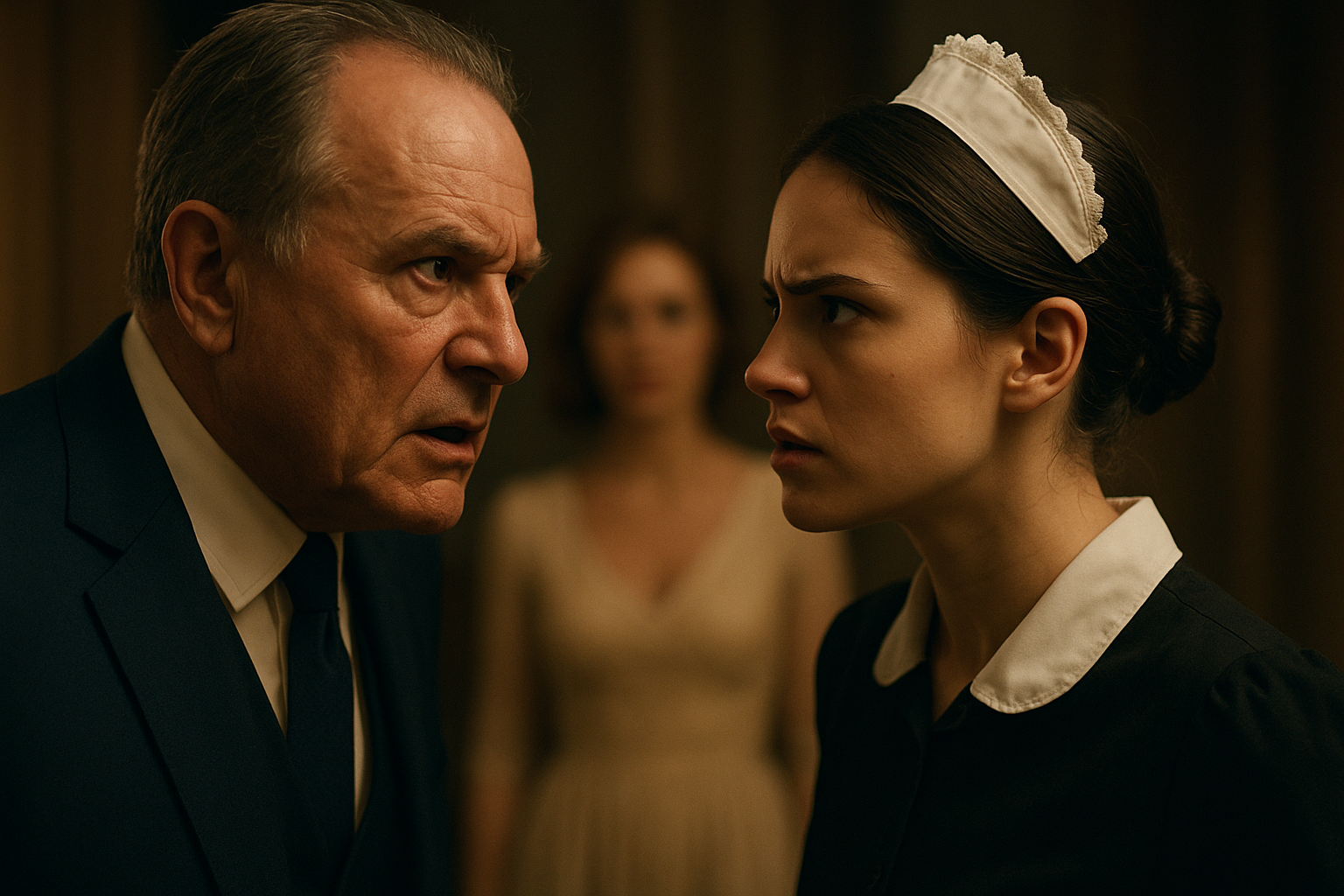 Close-up of a tense conversation between an older gentleman in a navy suit and a young maid in a black uniform, the woman's face determined yet anxious, the man's expression angry and demanding, with a blurred elegant woman in the background, cinematic lighting.