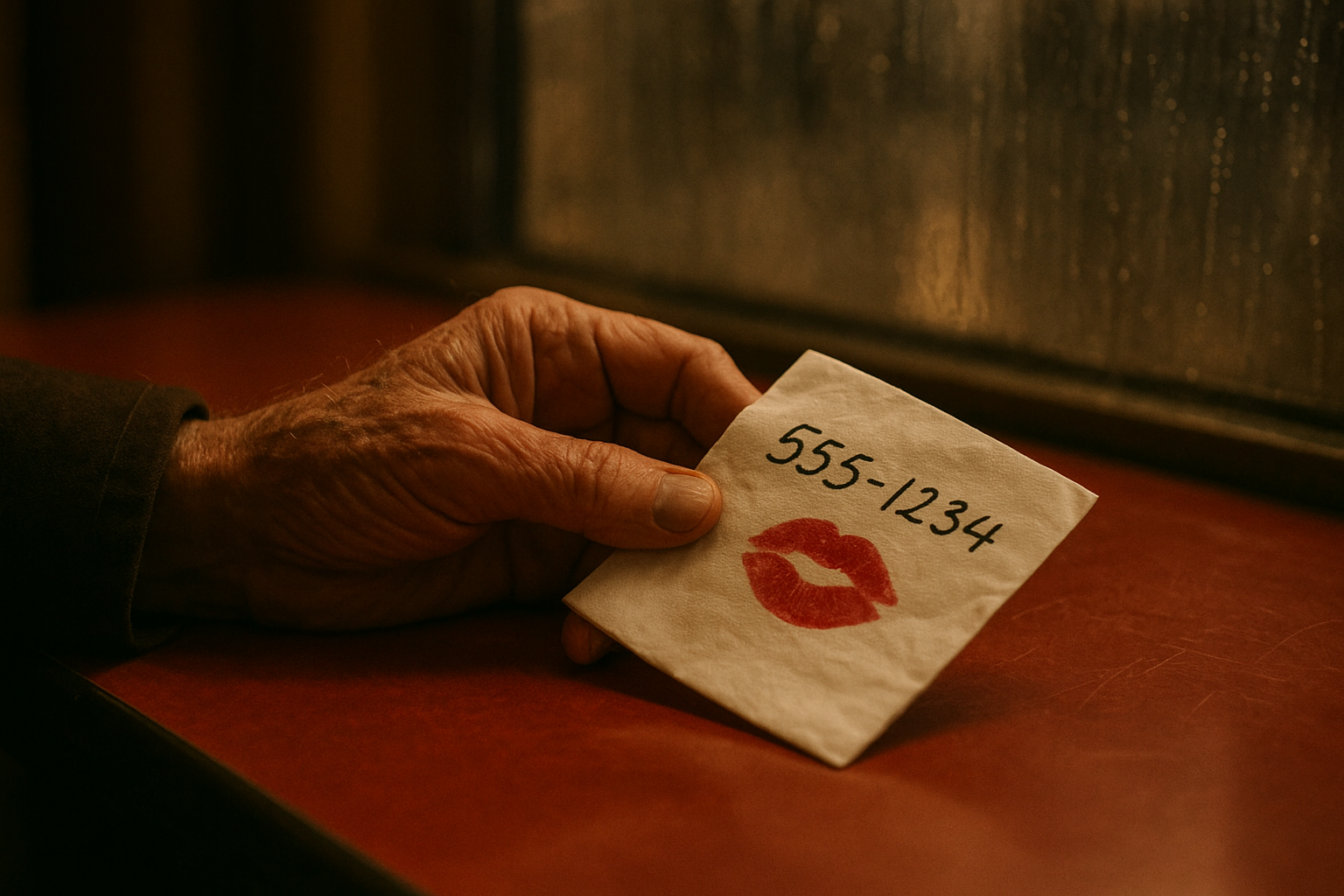 Close-up of an elderly man's trembling hand holding a white napkin with a handwritten phone number and a bright red lipstick kiss mark, resting on a red vinyl diner table, warm interior lighting, rain streaking the window in the background, shallow depth of field, cinematic mood, muted browns and yellows with a pop of crimson.