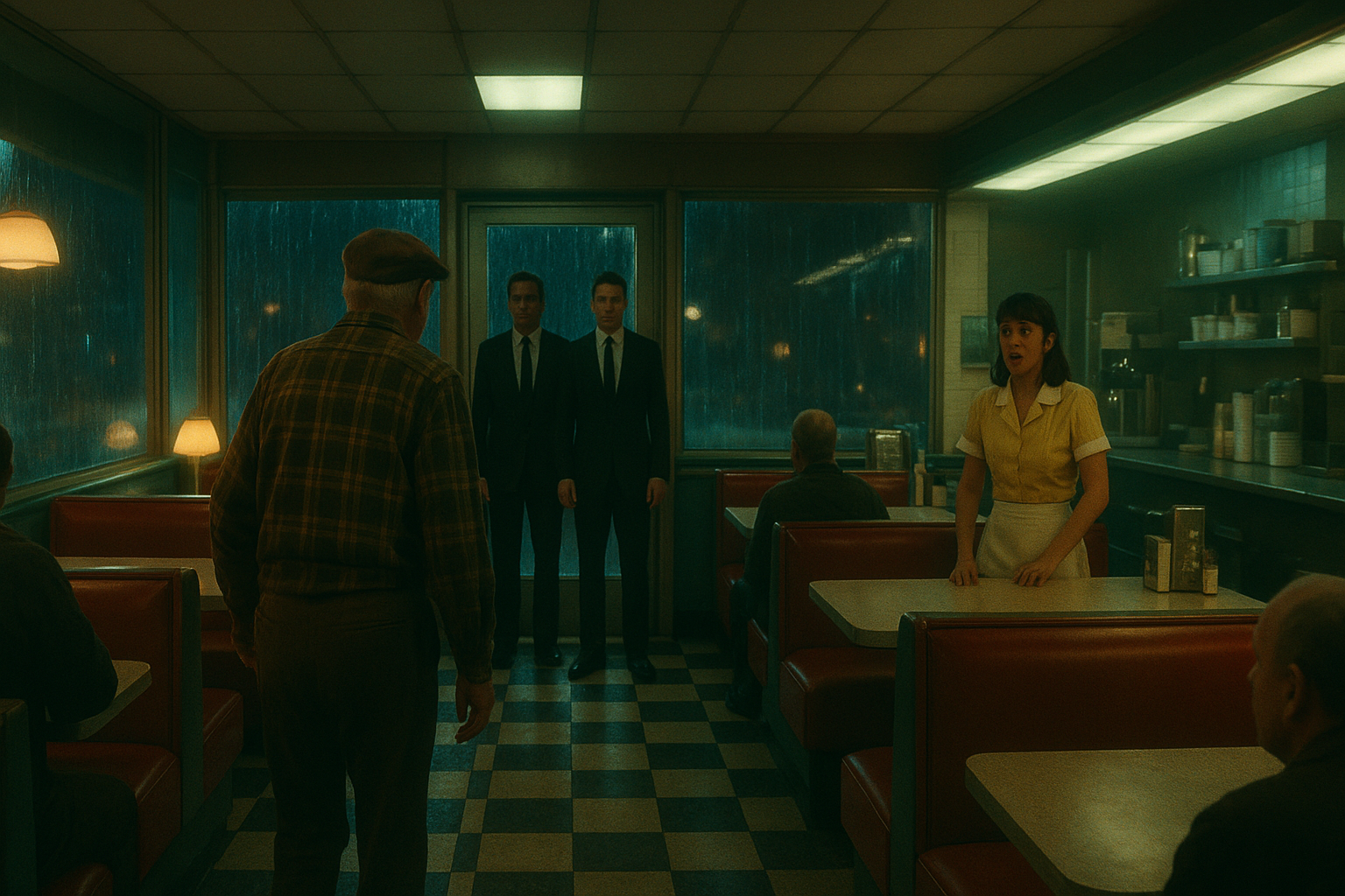 Interior of a retro diner, wide shot: an elderly man in a brown cap and plaid shirt walking toward two men in black suits standing by the entrance door, a young waitress in a yellow uniform watching from behind the counter with a shocked expression, other customers frozen in their seats, rain streaming down the windows, fluorescent lighting mixed with warm booth lamps, tense cinematic atmosphere, 1980s film aesthetic.