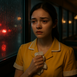 Close-up of a young waitress in a yellow uniform standing alone in a dim diner aisle, holding a crumpled napkin to her chest, her eyes glistening with unshed tears, the window behind her streaked with rain and the blurred red taillights of departing cars, soft melancholic lighting, warm and cool tones contrasting, emotional cinematic composition.