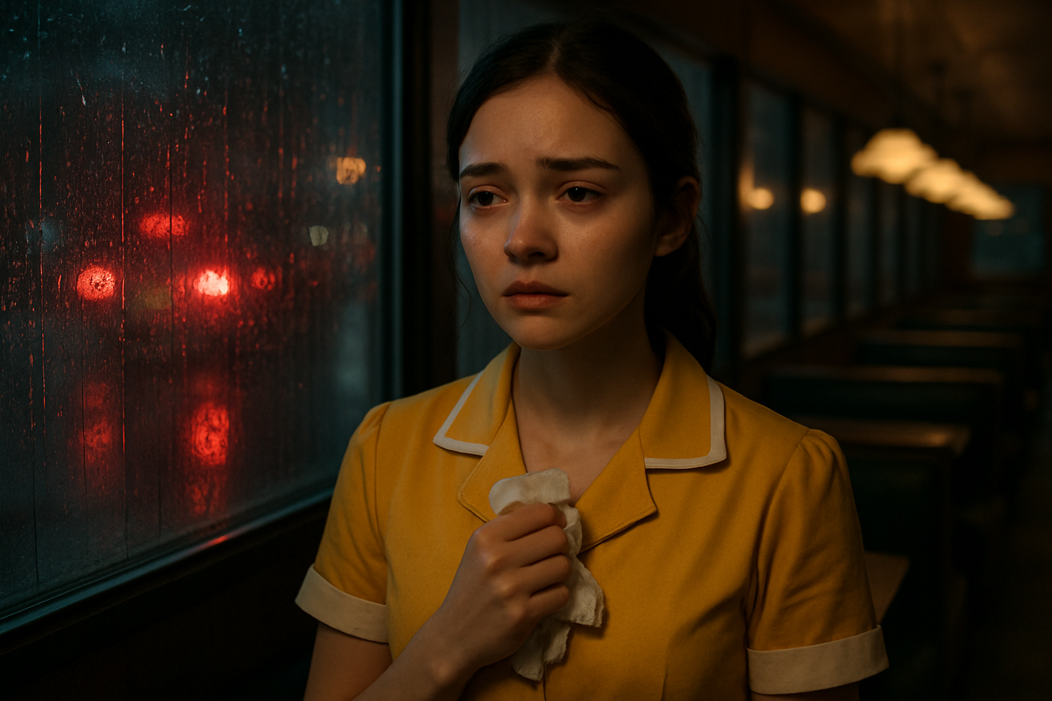 Close-up of a young waitress in a yellow uniform standing alone in a dim diner aisle, holding a crumpled napkin to her chest, her eyes glistening with unshed tears, the window behind her streaked with rain and the blurred red taillights of departing cars, soft melancholic lighting, warm and cool tones contrasting, emotional cinematic composition.