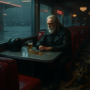 A rainy 1950s American diner interior, wide shot. An older man with long silver hair and a white beard sits alone in a front booth, wearing a black leather jacket with patches. A black helmet and a spilled beer puddle on the table. A German Shepherd lies whimpering at his feet on a leash. Outside the window, a deserted parking lot in the rain. Moody, tense atmosphere, neon reflections, cinematic lighting, muted colors with pops of red and chrome.
