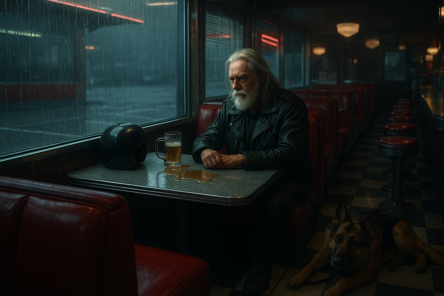A rainy 1950s American diner interior, wide shot. An older man with long silver hair and a white beard sits alone in a front booth, wearing a black leather jacket with patches. A black helmet and a spilled beer puddle on the table. A German Shepherd lies whimpering at his feet on a leash. Outside the window, a deserted parking lot in the rain. Moody, tense atmosphere, neon reflections, cinematic lighting, muted colors with pops of red and chrome.