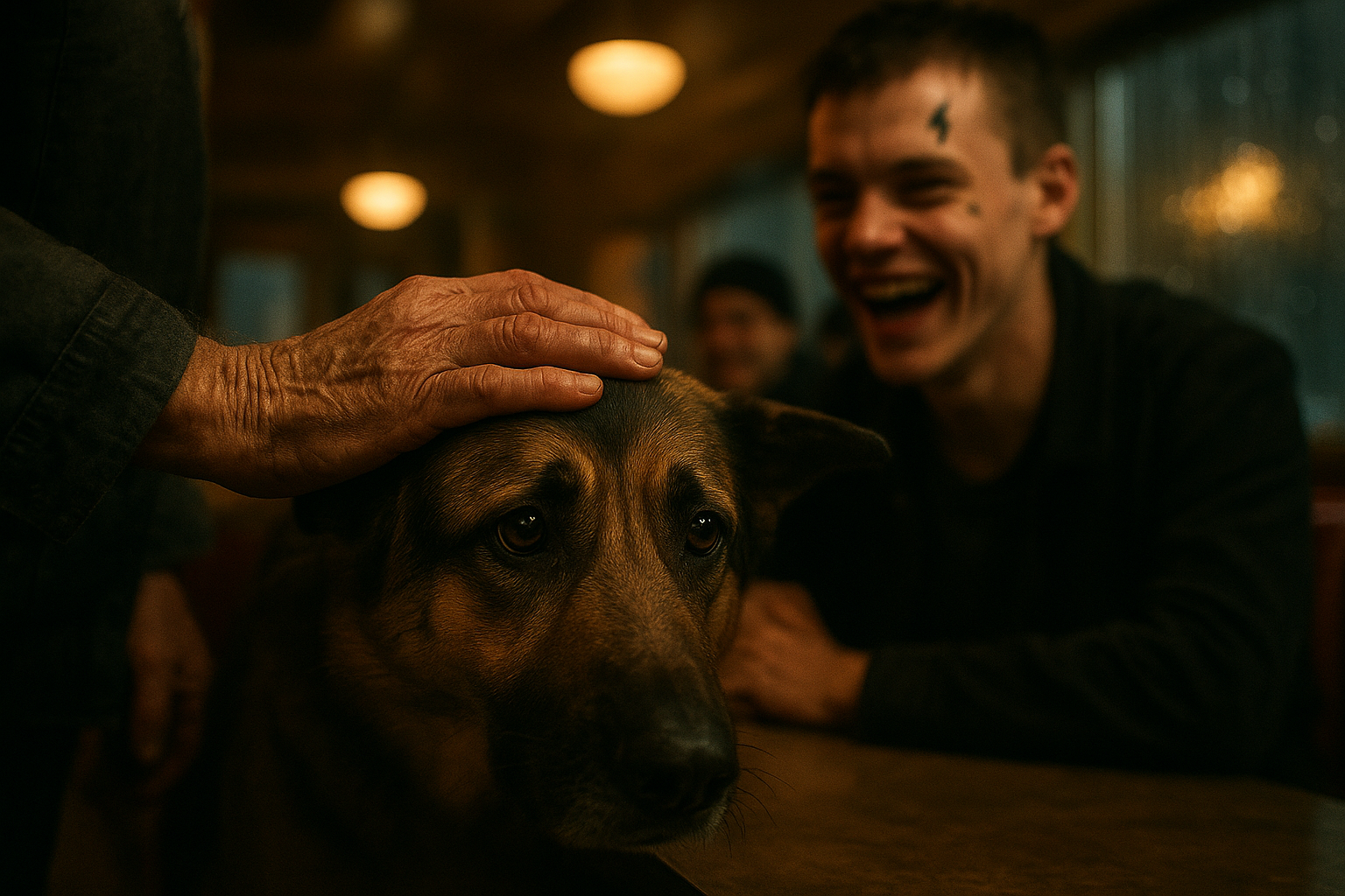 Close-up of the older biker's hand resting on the German Shepherd's head, the dog's eyes sad and scared. In the background, out of focus, the young thug with the lightning bolt tattoo on his forehead laughs with his friends at the counter. Warm diner light, shallow depth of field, emotional contrast, cinematic composition, rain-streaked window in the far background.