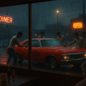 Cinematic wide shot from inside a warm diner looking out through rain-streaked windows at a bright red 1967 Chevrolet Impala being vandalized by a group of young men in white tank tops, moody blue-grey exterior lighting contrasting with warm amber interior, neon signs reflecting on wet asphalt, film noir atmosphere