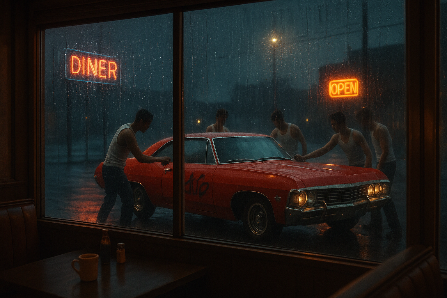 Cinematic wide shot from inside a warm diner looking out through rain-streaked windows at a bright red 1967 Chevrolet Impala being vandalized by a group of young men in white tank tops, moody blue-grey exterior lighting contrasting with warm amber interior, neon signs reflecting on wet asphalt, film noir atmosphere