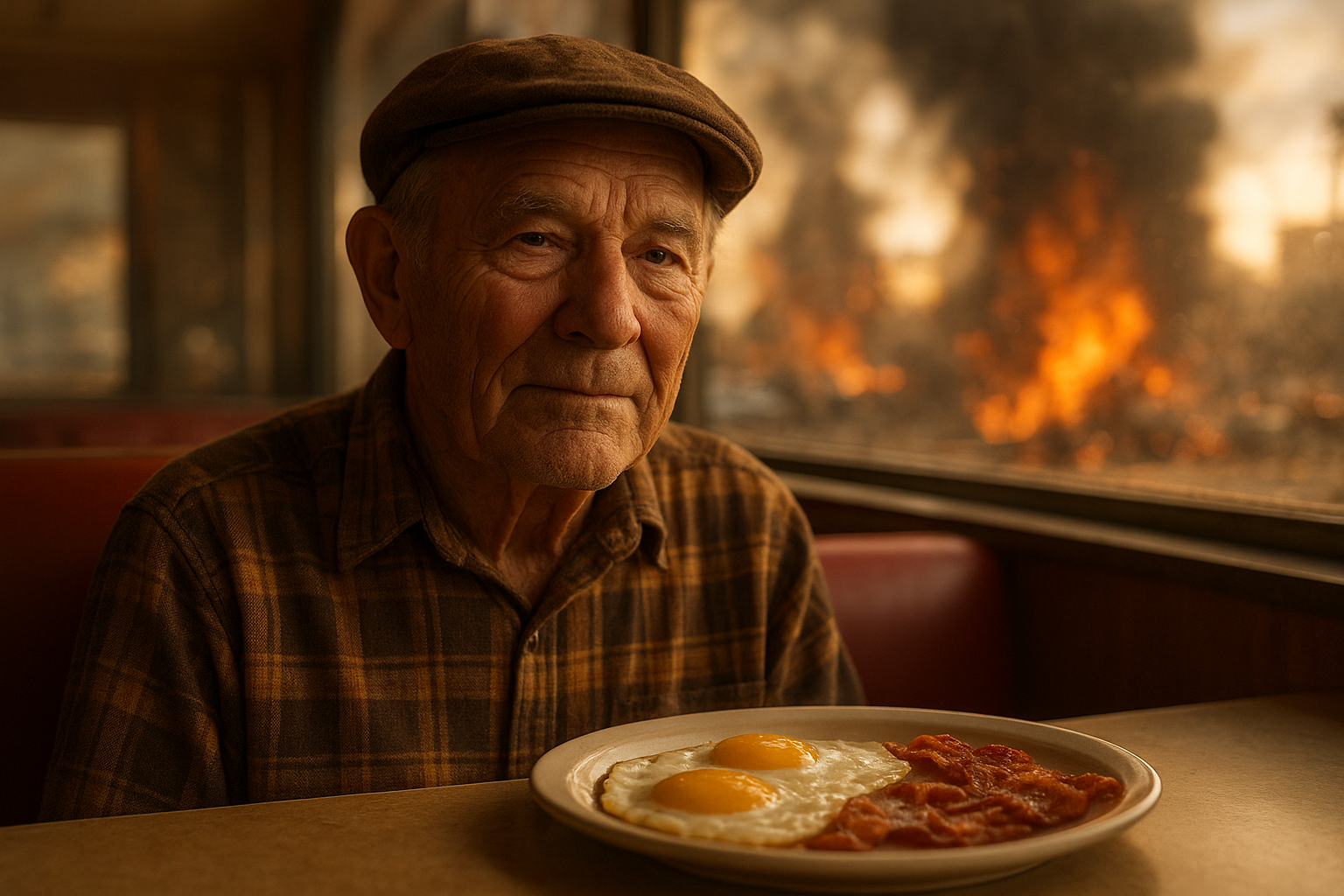 Close-up of an elderly man in a brown cap and plaid shirt sitting in a red diner booth, warm golden light on his weathered face, a plate of eggs and bacon before him, his expression calm and knowing as chaos unfolds outside the window behind him, shallow depth of field, cinematic composition