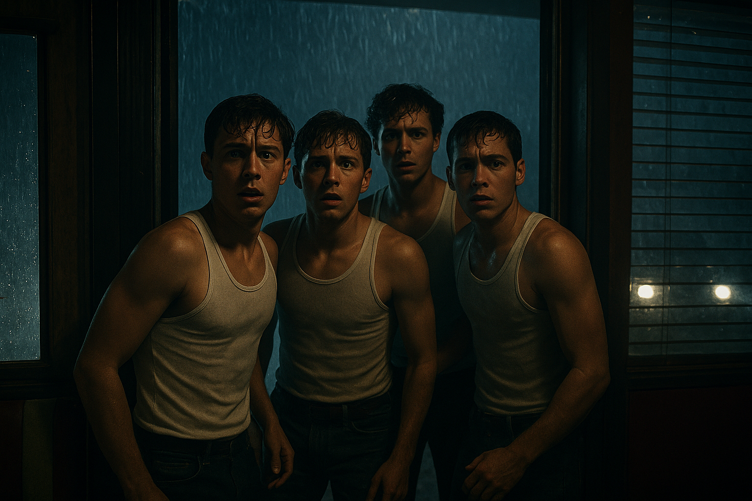 Dramatic shot of a group of frightened young men in white tank tops standing in a diner doorway, rain pouring behind them, headlights of approaching black SUVs visible through the storm, tension and fear on their faces, cinematic thriller lighting with harsh contrasts and deep shadows