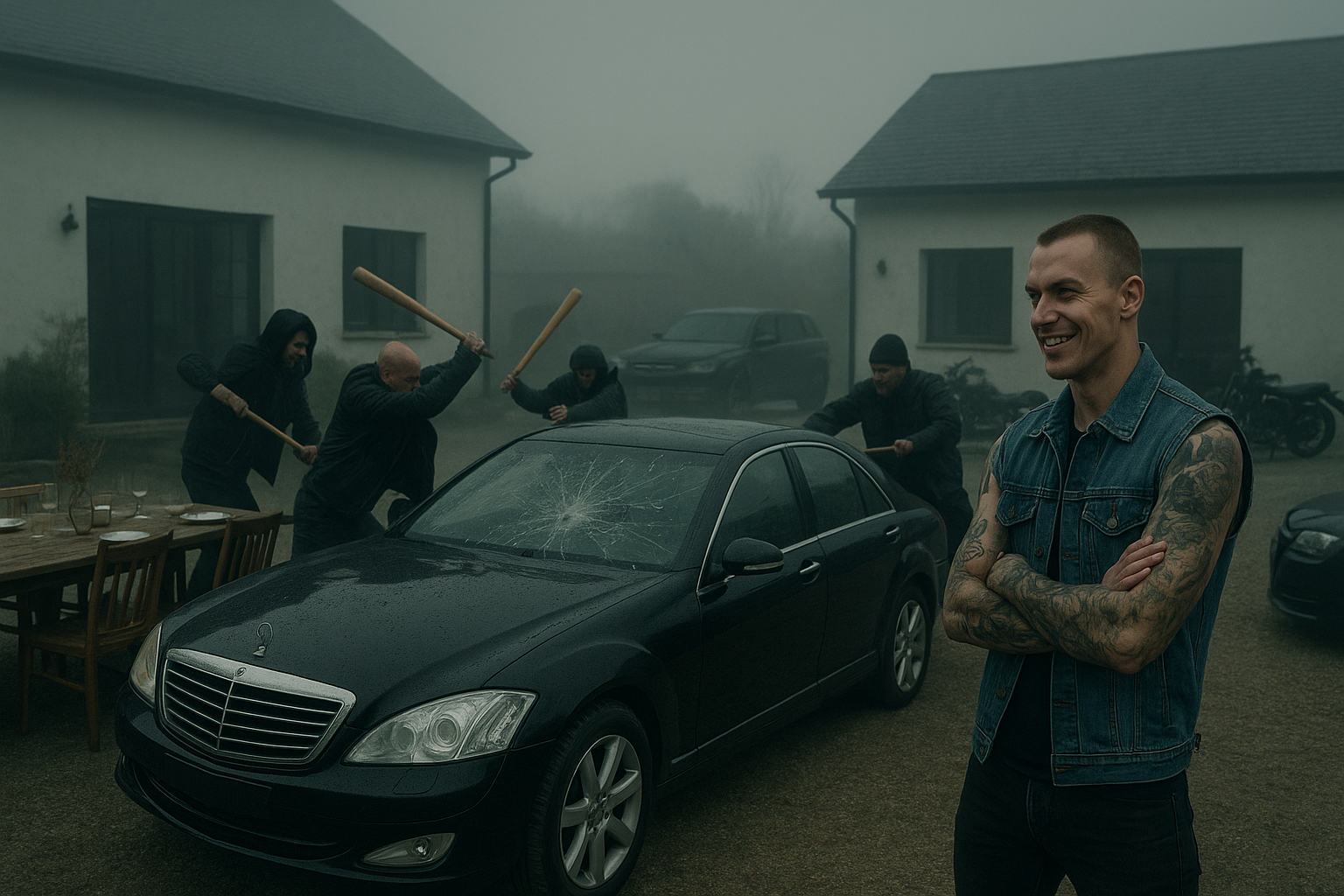 A wide shot of a modern country house courtyard under a grey, foggy sky. A long wooden table is set outdoors. In the foreground, a black Mercedes S-Class is being smashed by a group of bikers wielding bats. A 30-year-old tattooed man in a denim vest stands with a predatory grin, watching. In the background, dark cars and motorcycles are parked. The scene is chaotic, with a cold, diffuse light and a sense of impending violence.